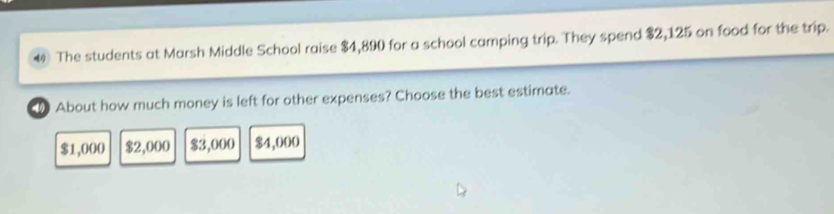 the students at marsh middle school raise $4,890 for a school camping trip. they spend $2,125 on food for the trip. about how much money is left for other expenses? choose the best estimate. $1,000 $2,000 $3,000 $4,000