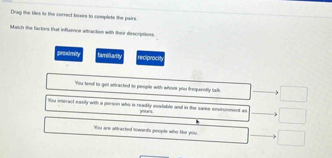 drag the tiles to the correct boxes to complete the pairs. match the factors that influence attraction with their descriptions. proximity familiarity reciprocity you tend to get attracted to people with whom you frequently talk. you interact easily with a person who is readily available and in the same environment as yours. you are attracted towards people who like you.