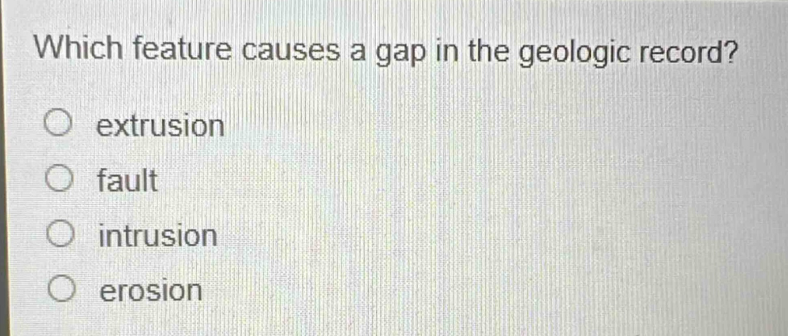 which feature causes a gap in the geologic record?\no extrusion\no fault\no intrusion\no erosion