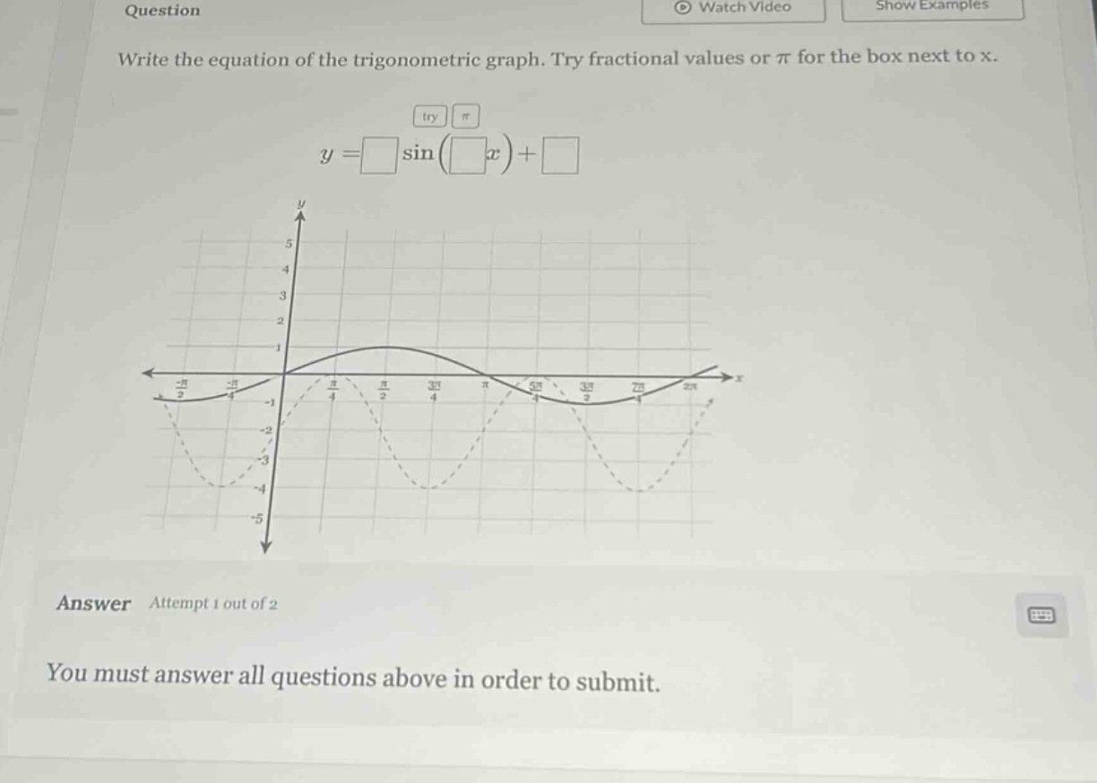 question write the equation of the trigonometric graph. try fractional values or π for the box next to x. y = □ sin(□x)+□ answer attempt 1 out of 2 you must answer all questions above in order to submit.