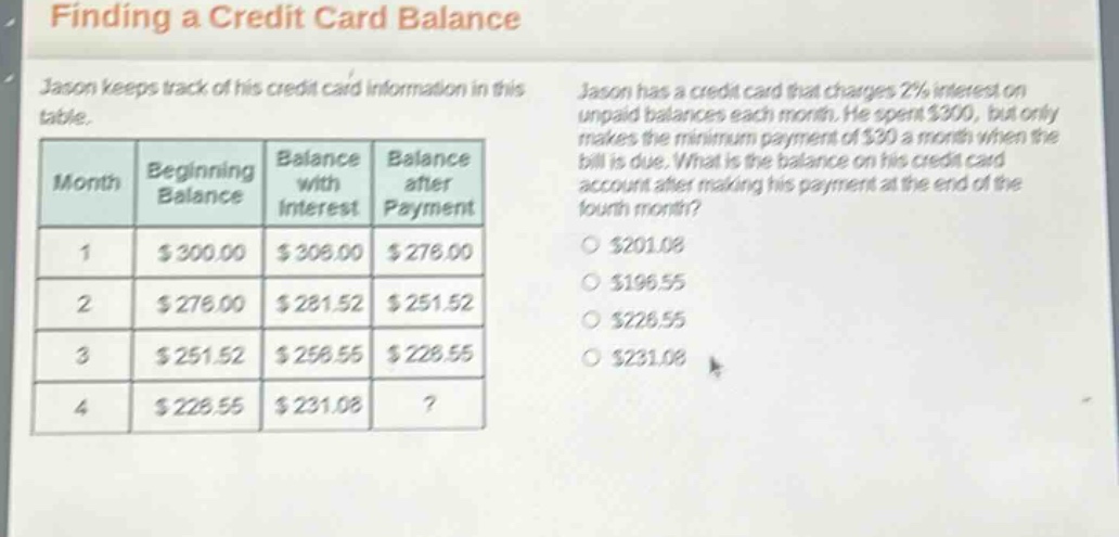 finding a credit card balance\njason keeps track of his credit card information in this table.\nmonth beginning balance balance with interest balance after payment\n1 $300.00 $306.00 $276.00\n2 $276.00 $281.52 $251.52\n3 $251.52 $256.55 $226.55\n4 $226.55 $231.08?\njason has a credit card that charges 2% interest on unpaid balances each month. he spent $300, but only makes the minimum payment of $30 a month when the bill is due. what is the balance on his credit card account after making his payment at the end of the fourth month?\n$201.08\n$196.55\n$226.55\n$231.08