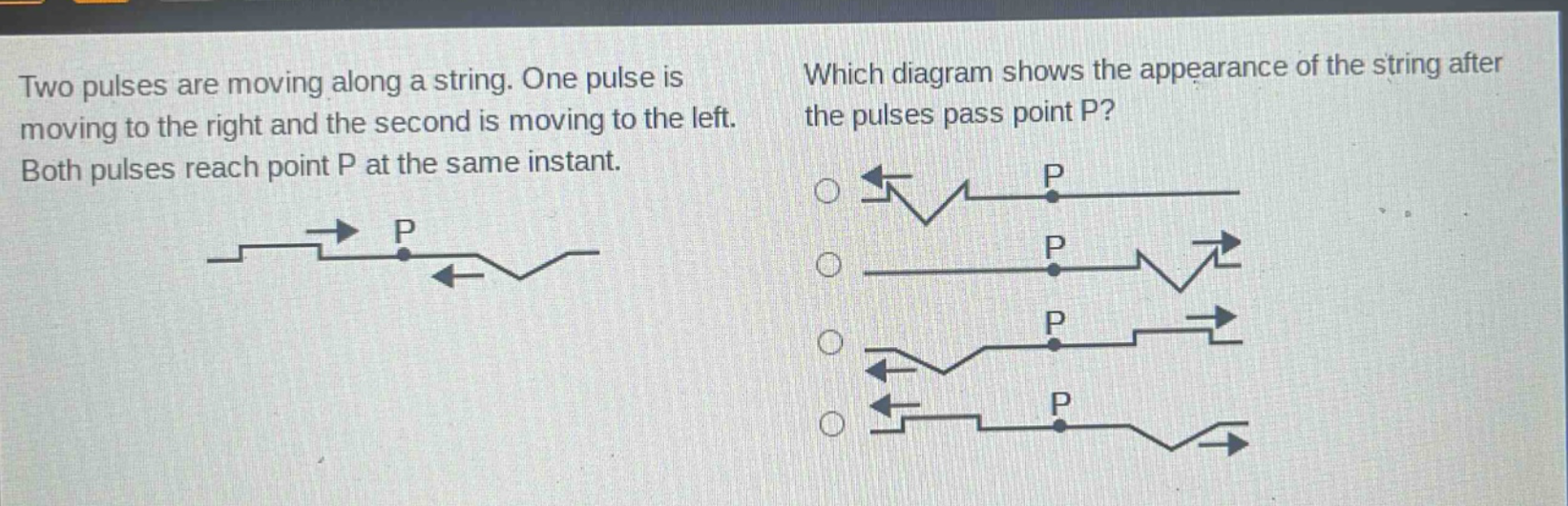 two pulses are moving along a string. one pulse is moving to the right and the second is moving to the left. both pulses reach point p at the same instant. which diagram shows the appearance of the string after the pulses pass point p?