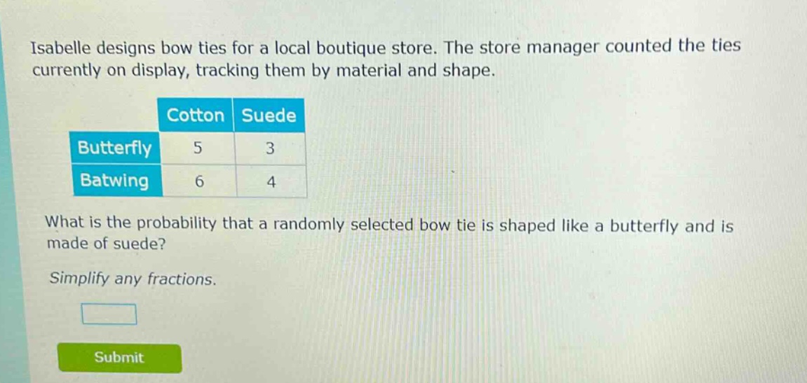 isabelle designs bow ties for a local boutique store. the store manager counted the ties currently on display, tracking them by material and shape. cotton suede butterfly 5 3 batwing 6 4 what is the probability that a randomly selected bow tie is shaped like a butterfly and is made of suede? simplify any fractions.