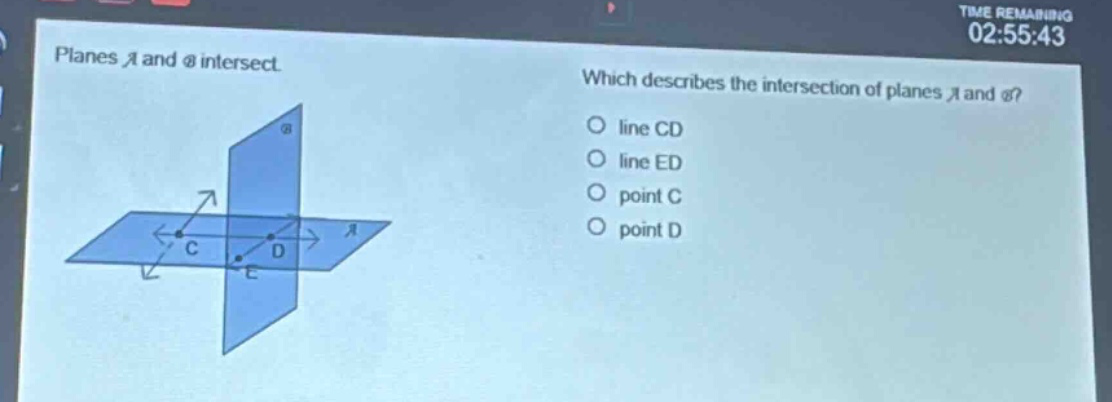planes a and b intersect. which describes the intersection of planes a and b? line cd line ed point c point d