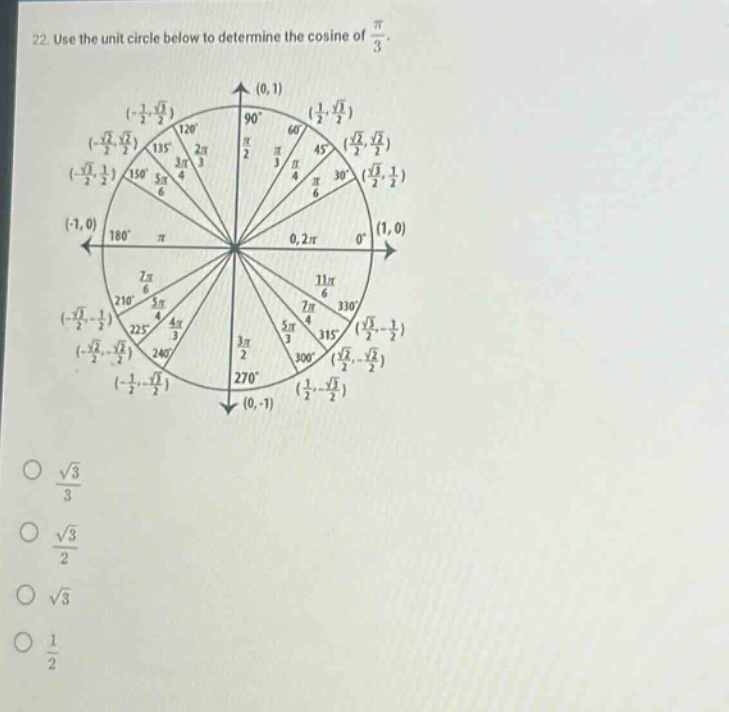 22. use the unit - circle below to determine the cosine of π/3. (0,1) (1/2,√3/2) 120° 90° 60° 45° (√2/2,√2/2) (-1/2,√3/2) (√2/2,√2/2) 2π/3 π/3 π/4 135° 3π/4 (-√2/2,√2/2) 30° (√3/2,1/2) (-√3/2,1/2) 150° 5π/6 (-1,0) 180° π 0,2π (1,0) 11π/6 7π/6 210° 5π/4 (-√2/2,-√2/2) 225° 4π/3 (-√3/2,-1/2) 330° 7π/4 315° (√2/2,-√2/2) (√3/2,-1/2) 5π/3 300° 3π/2 270° (-√2/2,-√2/2) 240° (-1/2,-√3/2) (0, - 1) (1/2,-√3/2) √3/3 √3/2 √3 1/2