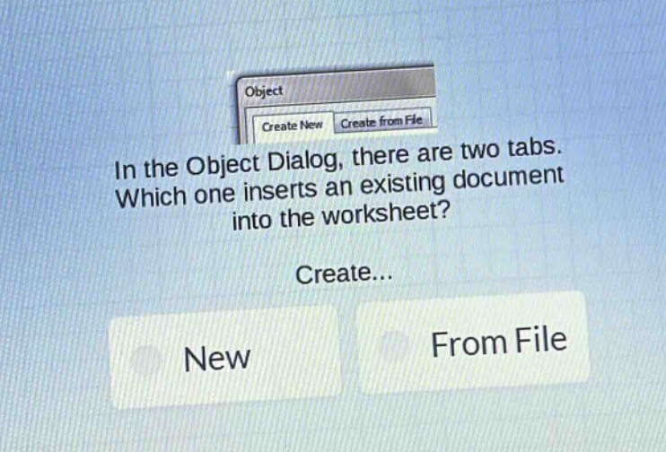 in the object dialog, there are two tabs. which one inserts an existing document into the worksheet? create... new from file