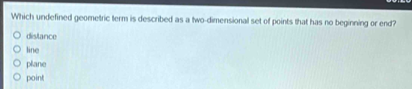 which undefined geometric term is described as a two - dimensional set of points that has no beginning or end?\ndistance\nline\nplane\npoint