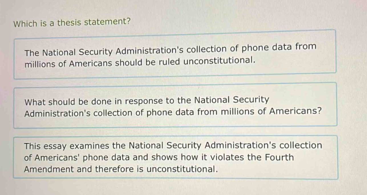 which is a thesis statement? the national security administrations collection of phone data from millions of americans should be ruled unconstitutional. what should be done in response to the national security administrations collection of phone data from millions of americans? this essay examines the national security administrations collection of americans phone data and shows how it violates the fourth amendment and therefore is unconstitutional.