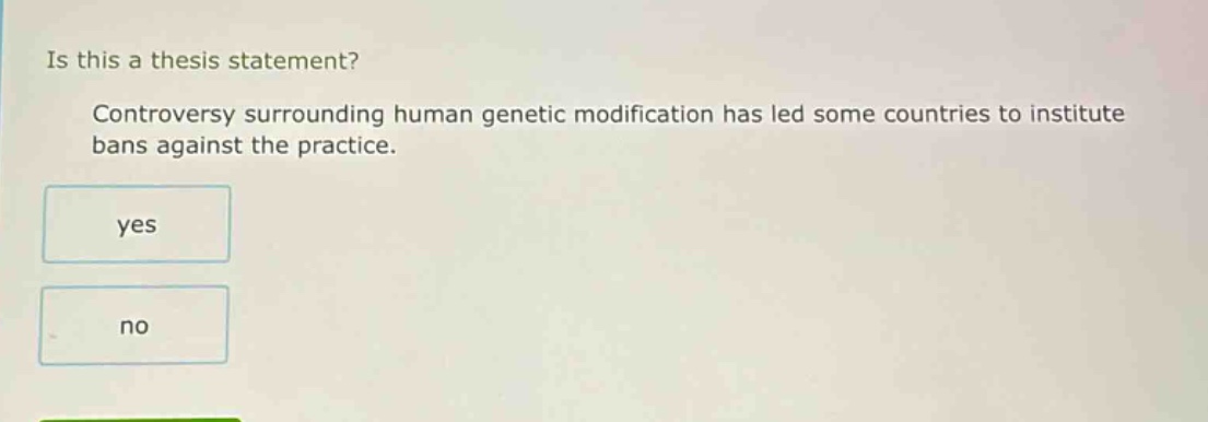is this a thesis statement? controversy surrounding human genetic modification has led some countries to institute bans against the practice. yes no