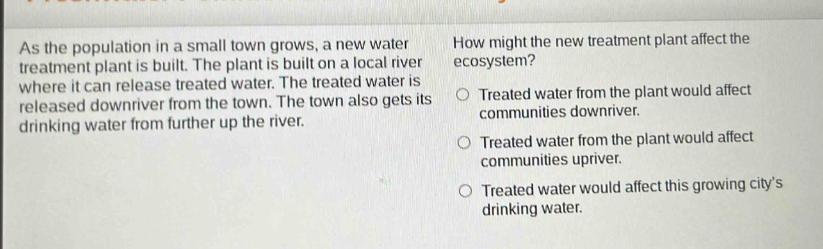 as the population in a small town grows, a new water treatment plant is built. the plant is built on a local river where it can release treated water. the treated water is released downriver from the town. the town also gets its drinking water from further up the river. how might the new treatment plant affect the ecosystem? treated water from the plant would affect communities downriver. treated water from the plant would affect communities upriver. treated water would affect this growing citys drinking water.