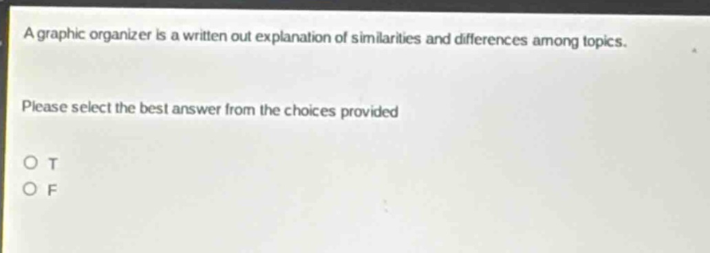 a graphic organizer is a written out explanation of similarities and differences among topics. please select the best answer from the choices provided o t o f