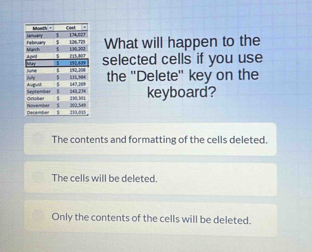 what will happen to the selected cells if you use the \delete\ key on the keyboard? the contents and formatting of the cells deleted. the cells will be deleted. only the contents of the cells will be deleted.