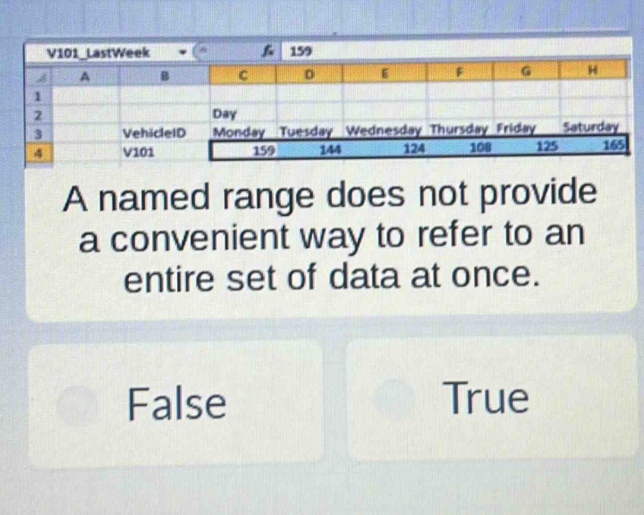 a named range does not provide a convenient way to refer to an entire set of data at once. false true
