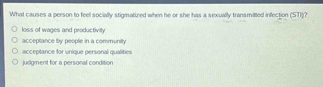 what causes a person to feel socially stigmatized when he or she has a sexually transmitted infection (sti)?\nloss of wages and productivity\nacceptance by people in a community\nacceptance for unique personal qualities\njudgment for a personal condition