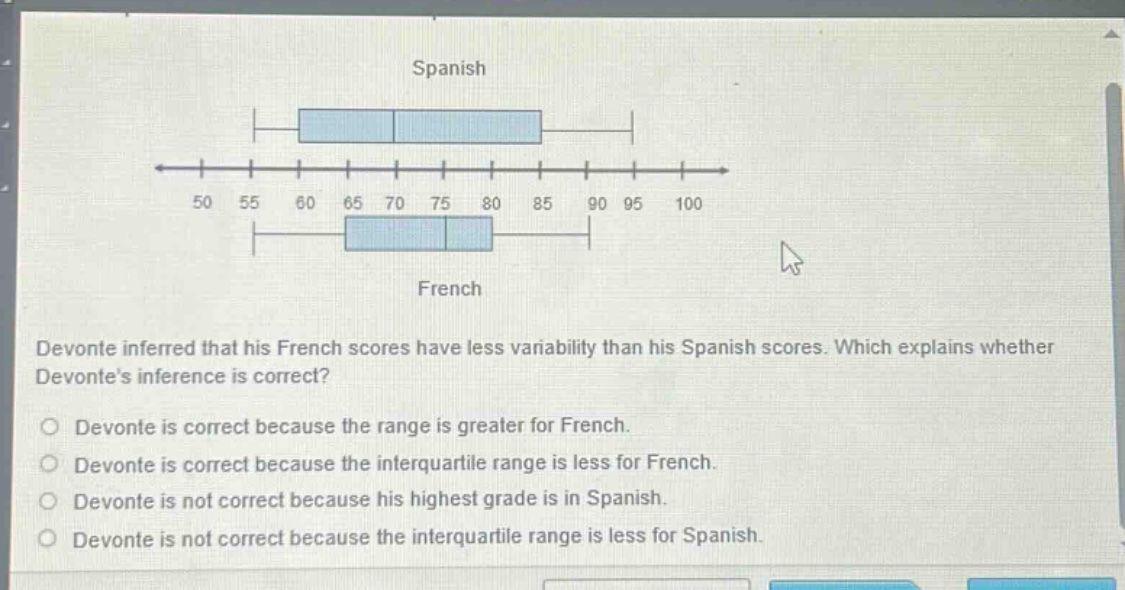 devonte inferred that his french scores have less variability than his spanish scores. which explains whether devontes inference is correct? devonte is correct because the range is greater for french. devonte is correct because the interquartile range is less for french. devonte is not correct because his highest grade is in spanish. devonte is not correct because the interquartile range is less for spanish.