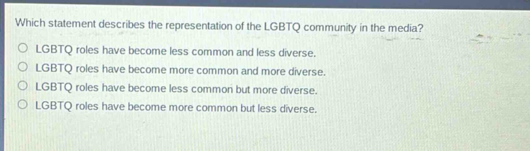 which statement describes the representation of the lgbtq community in the media?\no lgbtq roles have become less common and less diverse.\no lgbtq roles have become more common and more diverse.\no lgbtq roles have become less common but more diverse.\no lgbtq roles have become more common but less diverse.