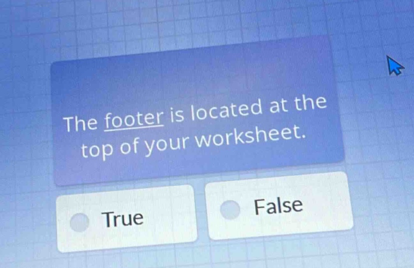 the footer is located at the top of your worksheet. true false