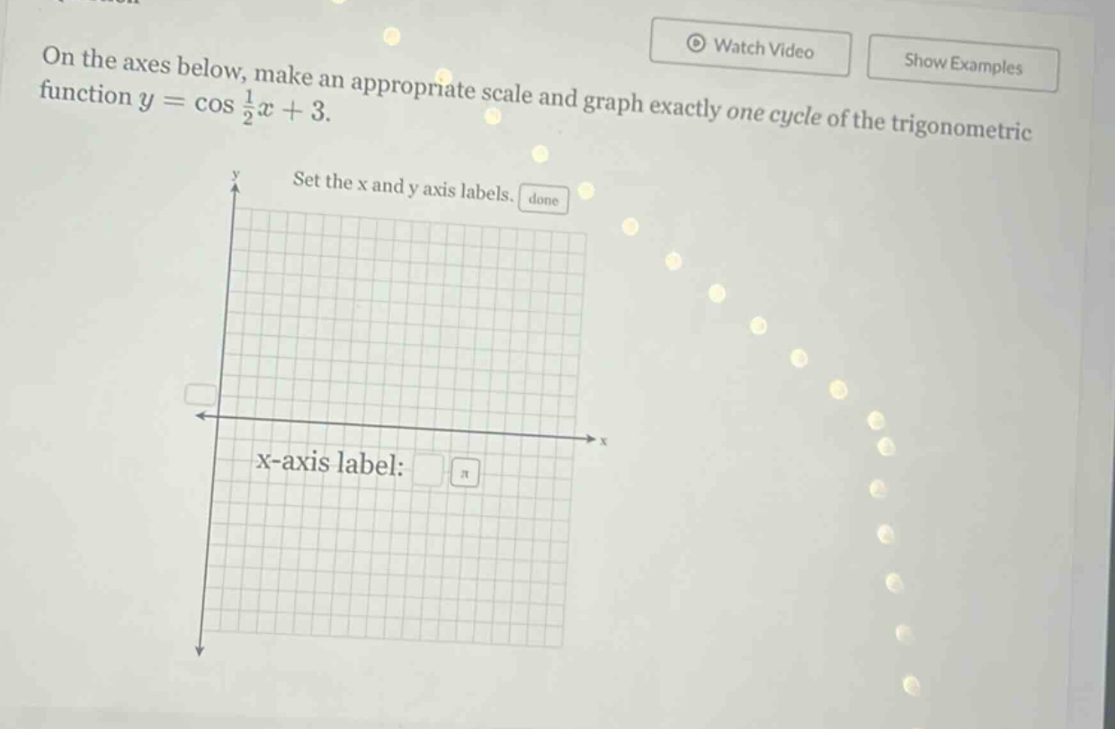 on the axes below, make an appropriate scale and graph exactly one cycle of the trigonometric function y = cos 1/2x + 3. set the x and y axis labels. x - axis label: