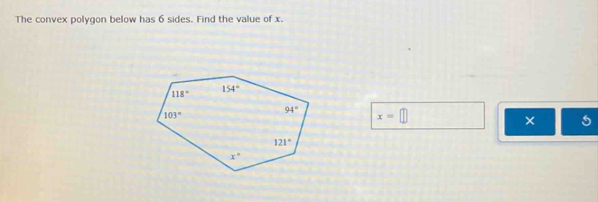 the convex polygon below has 6 sides. find the value of x.