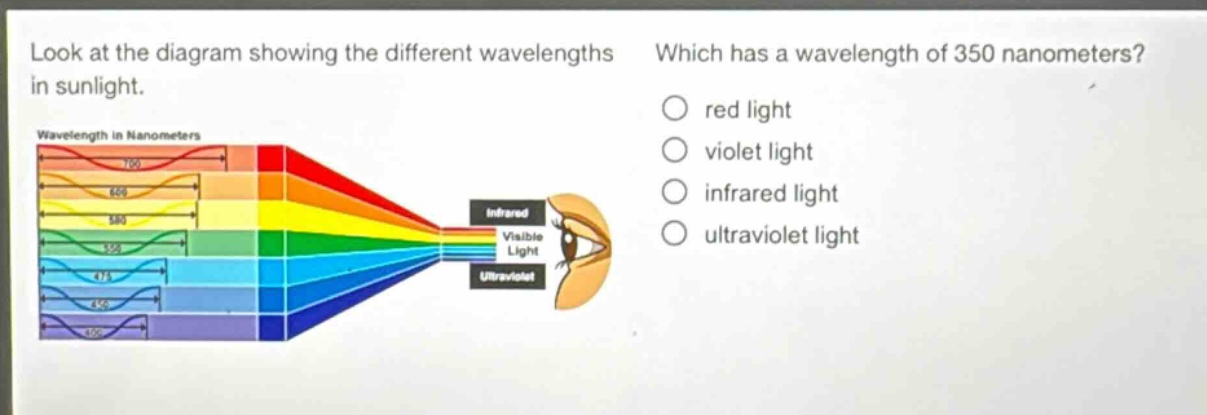 look at the diagram showing the different wavelengths in sunlight. which has a wavelength of 350 nanometers? red light violet light infrared light ultraviolet light