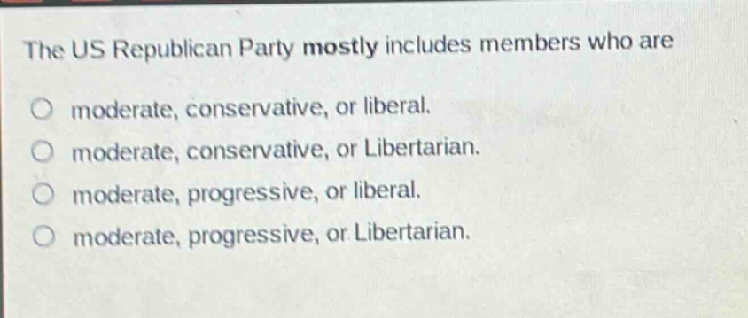 the us republican party mostly includes members who are\no moderate, conservative, or liberal.\no moderate, conservative, or libertarian.\no moderate, progressive, or liberal.\no moderate, progressive, or libertarian.