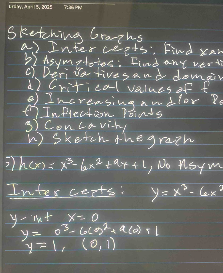 sketching graphs a) intercepts: find x and b) asymptotes: find any vertical c) derivatives and domain d) critical values of f e) increasing and/or decreasing f) inflection points g) concavity h) sketch the graph 5) h(x)=x³ - 6x²+9x + 1, no asym intercepts: y = x³ - 6x² y - int x = 0 y = 0³ - 6(0)²+9(0)+1 y = 1, (0,1)