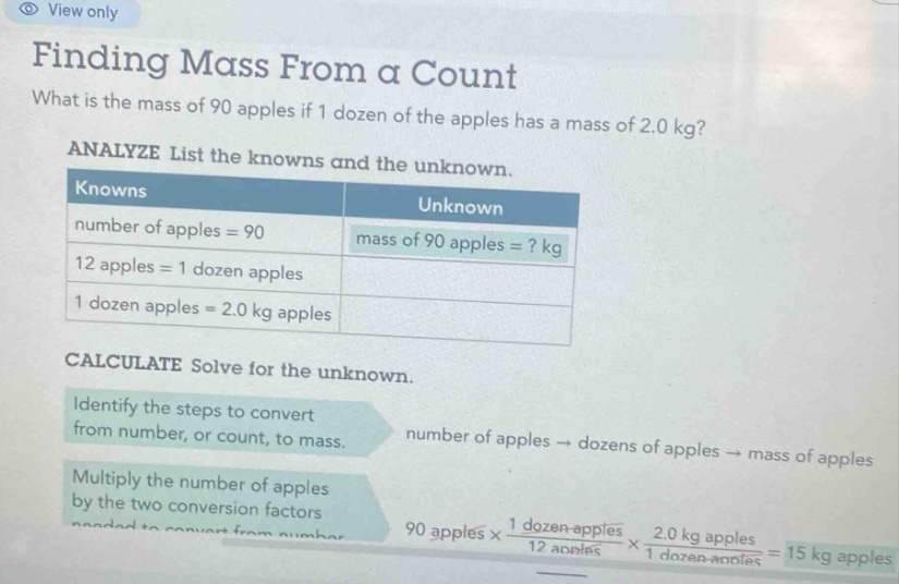 finding mass from a count what is the mass of 90 apples if 1 dozen of the apples has a mass of 2.0 kg? analyze list the knowns and the unknown. knowns unknown number of apples = 90 mass of 90 apples =? kg 12 apples = 1 dozen apples 1 dozen apples = 2.0 kg apples calculate solve for the unknown. identify the steps to convert from number, or count, to mass. number of apples → dozens of apples → mass of apples multiply the number of apples by the two conversion factors needed to convert from number 90 apples × 1 dozen - apples / 12 apples × 2.0 kg apples / 1 dozen - apples = 15 kg apples