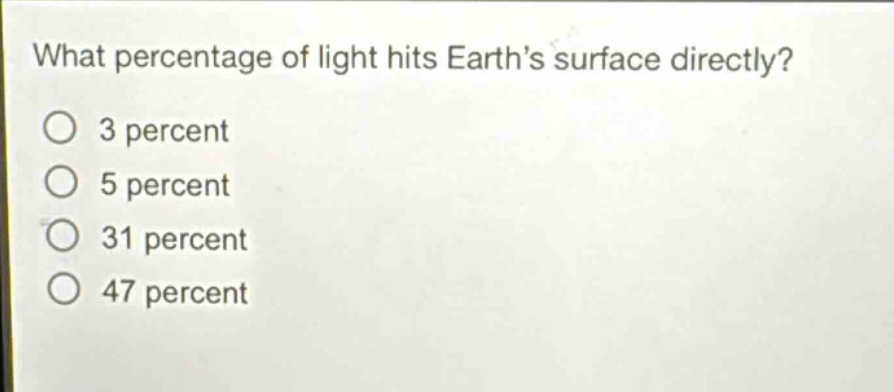 what percentage of light hits earth’s surface directly?\n3 percent\n5 percent\n31 percent\n47 percent