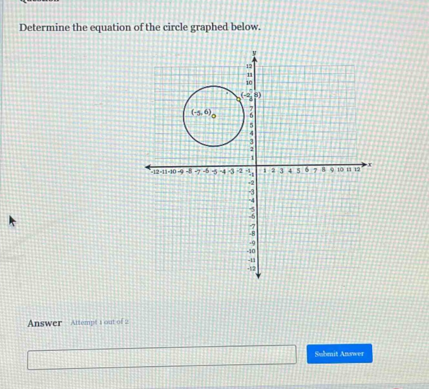 determine the equation of the circle graphed below. answer attempt 1 out of 2