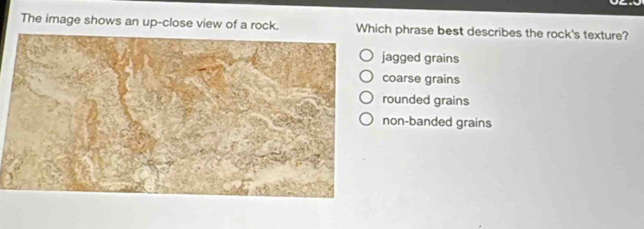 the image shows an up - close view of a rock. which phrase best describes the rocks texture? jagged grains coarse grains rounded grains non - banded grains