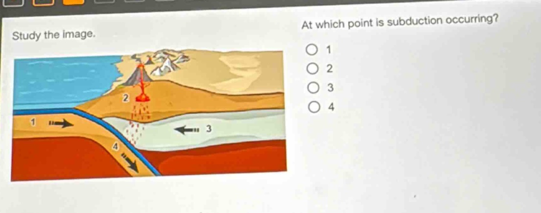study the image. at which point is subduction occurring? o 1 o 2 o 3 o 4