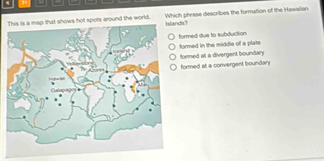 this is a map that shows hot spots around the world. which phrase describes the formation of the hawaiian islands? formed due to subduction formed in the middle of a plate formed at a divergent boundary formed at a convergent boundary