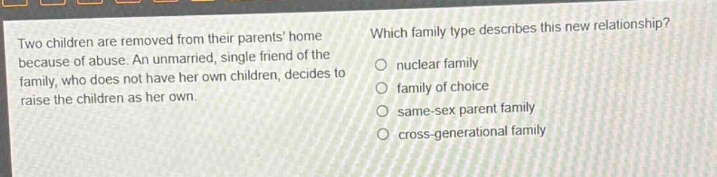 two children are removed from their parents home because of abuse. an unmarried, single friend of the family, who does not have her own children, decides to raise the children as her own. which family type describes this new relationship? nuclear family family of choice same - sex parent family cross - generational family