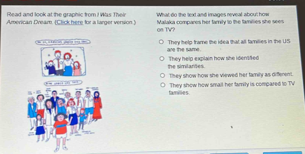 read and look at the graphic from i was their american dream. (click here for a larger version.) what do the text and images reveal about how malaka compares her family to the families she sees on tv? they help frame the idea that all families in the us are the same. they help explain how she identified the similarities. they show how she viewed her family as different. they show how small her family is compared to tv families.