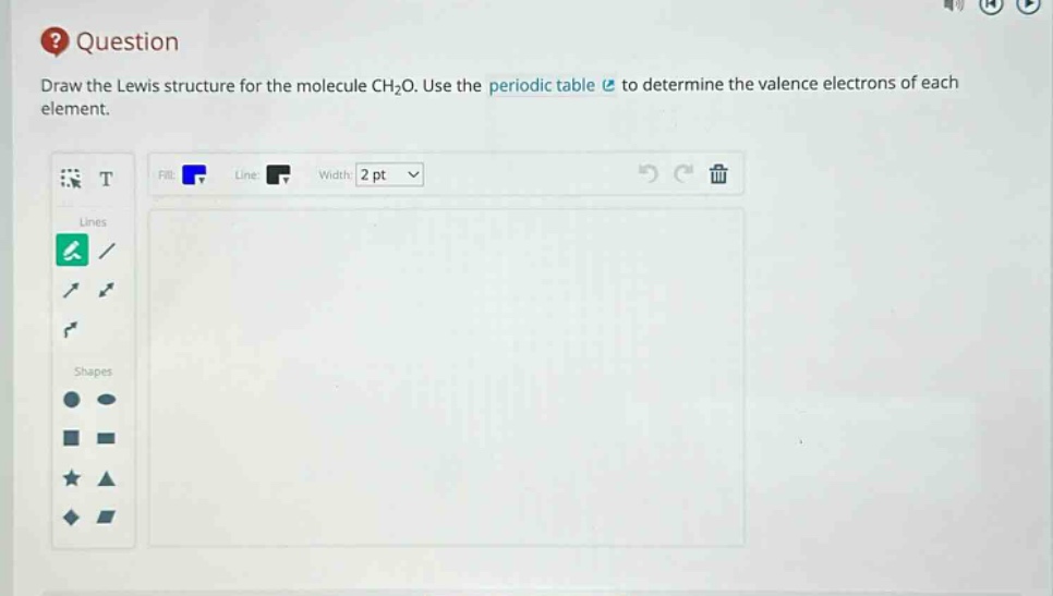 question draw the lewis structure for the molecule ch2o. use the periodic table to determine the valence electrons of each element.