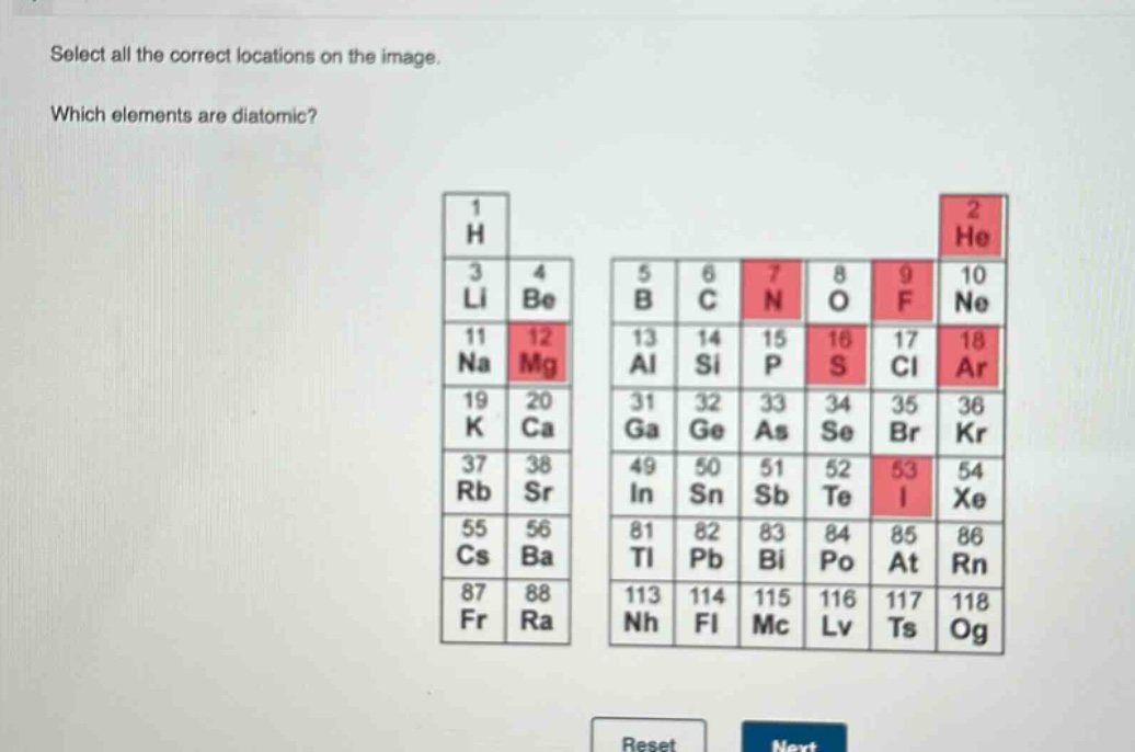 select all the correct locations on the image. which elements are diatomic?