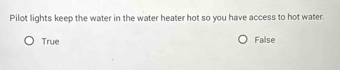 pilot lights keep the water in the water heater hot so you have access to hot water. true false