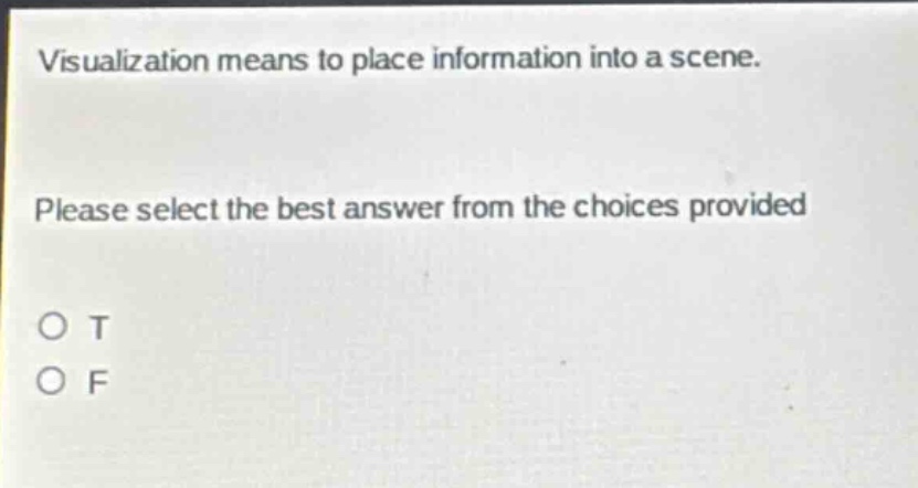 visualization means to place information into a scene. please select the best answer from the choices provided o t o f