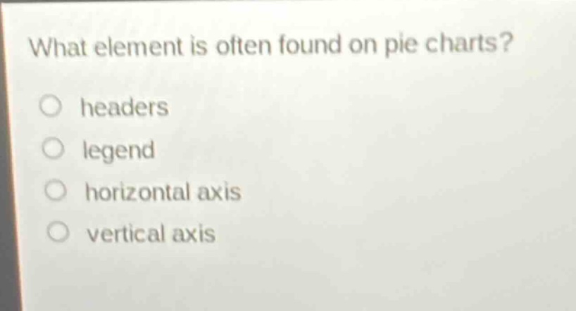 what element is often found on pie charts?\nheaders\nlegend\nhorizontal axis\nvertical axis