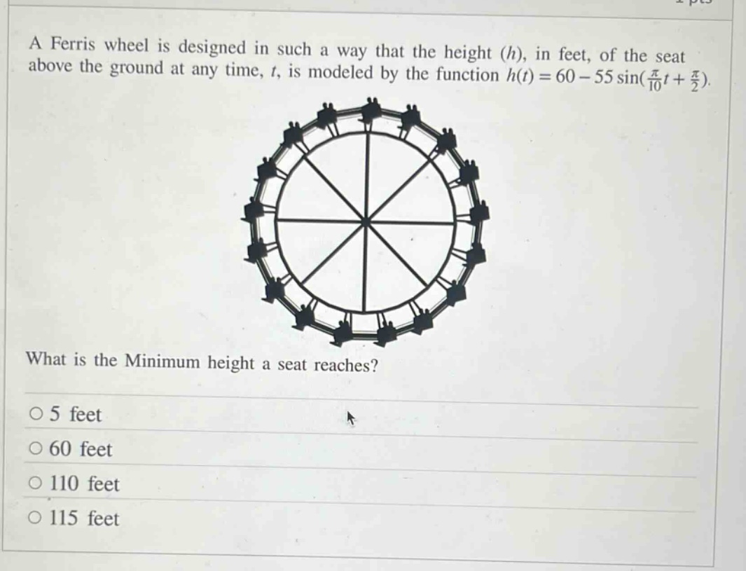 a ferris wheel is designed in such a way that the height (h), in feet, of the seat above the ground at any time, t, is modeled by the function h(t)=60 - 55 sin(π/10 t+π/2). what is the minimum height a seat reaches? o 5 feet o 60 feet o 110 feet o 115 feet