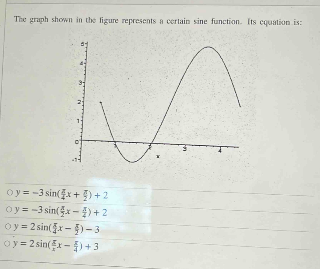 the graph shown in the figure represents a certain sine function. its equation is: \no y = -3 sin(π/4 x + π/2) + 2\no y = -3 sin(π/2 x - π/4) + 2\no y = 2 sin(π/4 x - π/2) - 3\no y = 2 sin(π/x x - π/4) + 3