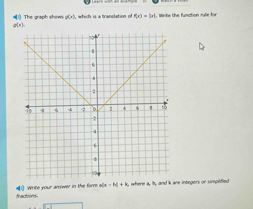 the graph shows g(x), which is a translation of f(x) = |x|. write the function rule for g(x). write your answer in the form a|x - h| + k, where a, h, and k are integers or simplified fractions.