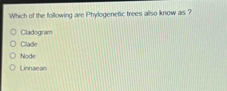 which of the following are phylogenetic trees also know as ?\ncladogram\nclade\nnode\nlinnaean