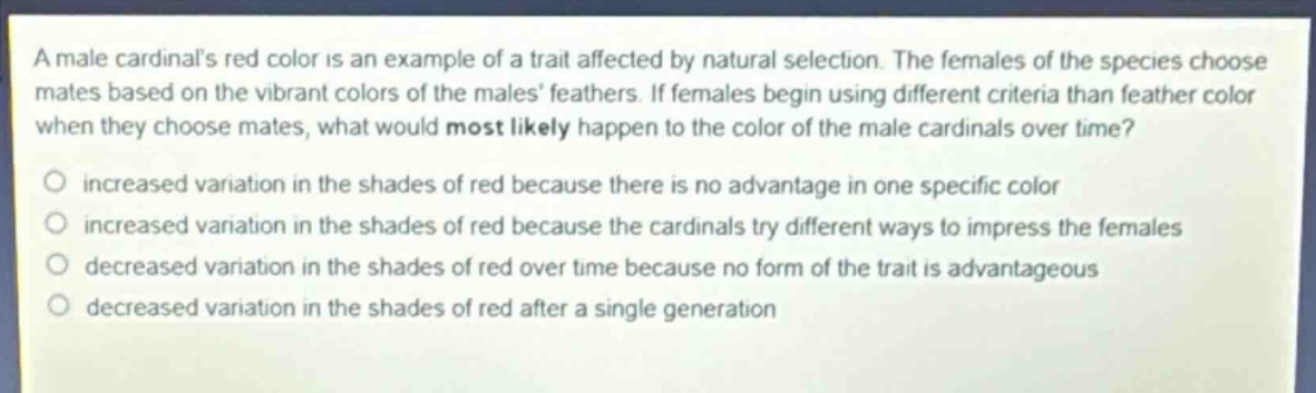 a male cardinals red color is an example of a trait affected by natural selection. the females of the species choose mates based on the vibrant colors of the males feathers. if females begin using different criteria than feather color when they choose mates, what would most likely happen to the color of the male cardinals over time?\no increased variation in the shades of red because there is no advantage in one specific color\no increased variation in the shades of red because the cardinals try different ways to impress the females\no decreased variation in the shades of red over time because no form of the trait is advantageous\no decreased variation in the shades of red after a single generation