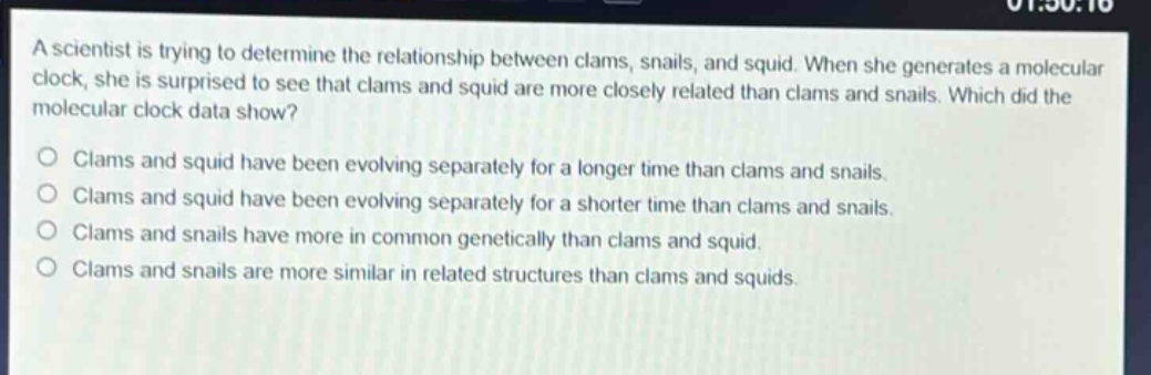 a scientist is trying to determine the relationship between clams, snails, and squid. when she generates a molecular clock, she is surprised to see that clams and squid are more closely related than clams and snails. which did the molecular clock data show?\no clams and squid have been evolving separately for a longer time than clams and snails.\no clams and squid have been evolving separately for a shorter time than clams and snails.\no clams and snails have more in common genetically than clams and squid.\no clams and snails are more similar in related structures than clams and squids.