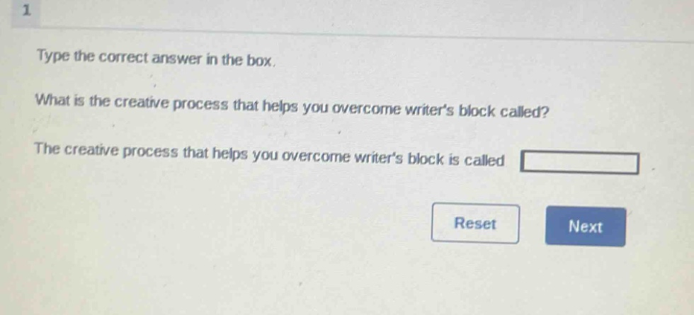 type the correct answer in the box. what is the creative process that helps you overcome writers block called? the creative process that helps you overcome writers block is called