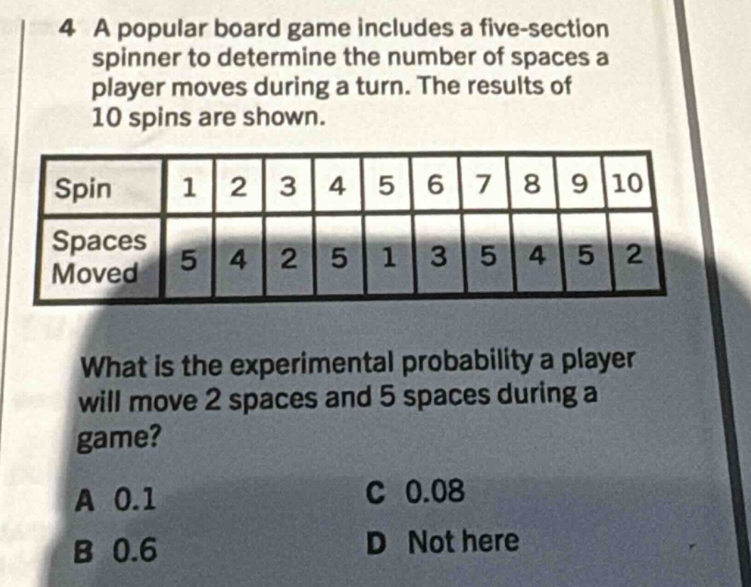 4 a popular board game includes a five - section spinner to determine the number of spaces a player moves during a turn. the results of 10 spins are shown. spin 1 2 3 4 5 6 7 8 9 10 spaces moved 5 4 2 5 1 3 5 4 5 2 what is the experimental probability a player will move 2 spaces and 5 spaces during a game? a 0.1 c 0.08 b 0.6 d not here