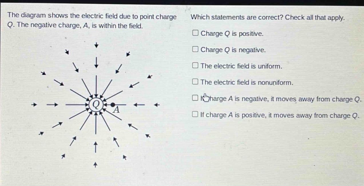 the diagram shows the electric field due to point charge q. the negative charge, a, is within the field. which statements are correct? check all that apply. charge q is positive. charge q is negative. the electric field is uniform. the electric field is nonuniform. if charge a is negative, it moves away from charge q. if charge a is positive, it moves away from charge q.