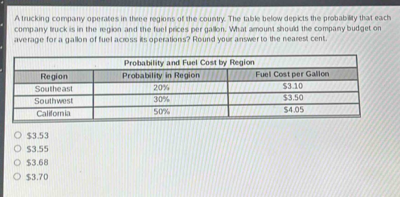 a trucking company operates in three regions of the country. the table below depicts the probability that each company truck is in the region and the fuel prices per gallon. what amount should the company budget on average for a gallon of fuel across its operations? round your answer to the nearest cent. probability and fuel cost by region region probability in region fuel cost per gallon southeast 20% $3.10 southwest 30% $3.50 california 50% $4.05 $3.53 $3.55 $3.68 $3.70