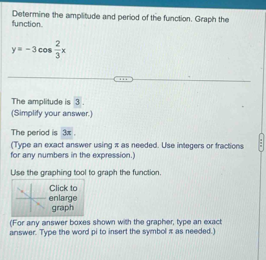 determine the amplitude and period of the function. graph the function. y = - 3 cos 2/3x the amplitude is 3. (simplify your answer.) the period is 3π. (type an exact answer using π as needed. use integers or fractions for any numbers in the expression.) use the graphing tool to graph the function. click to enlarge graph (for any answer boxes shown with the grapher, type an exact answer. type the word pi to insert the symbol π as needed.)